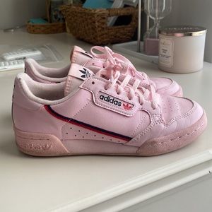 Adidas youth 4 1/2. , equivalent to a Womens size 6 Pink with red stripe shoes